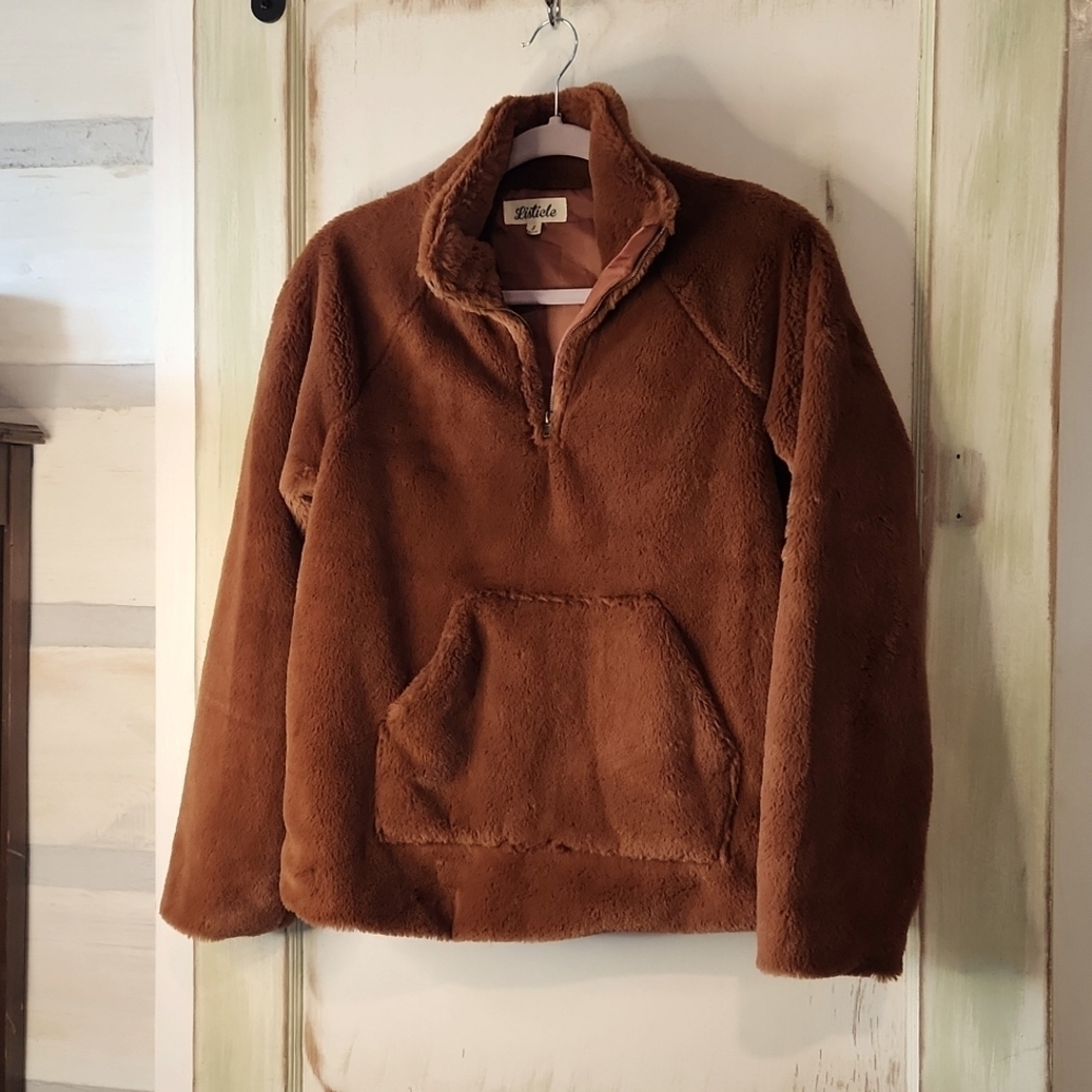 Teddy Bear Fuzzy Pullover 3/4 Zip Size Small Rust